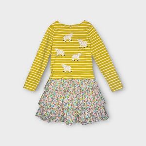 Mini Boden Sheep Pom Poms Applique Mixed Pattern Long Sleeve Dress